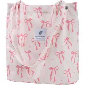 Women Pink Bow Imported Corduroy Small Canvas Shoulder Handy Tote Bag